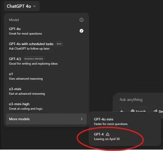 OpenAI 宣布 ChatGPT 自 4 月 30 日起停用 GPT-4 模型，全面升级至 4o 版本